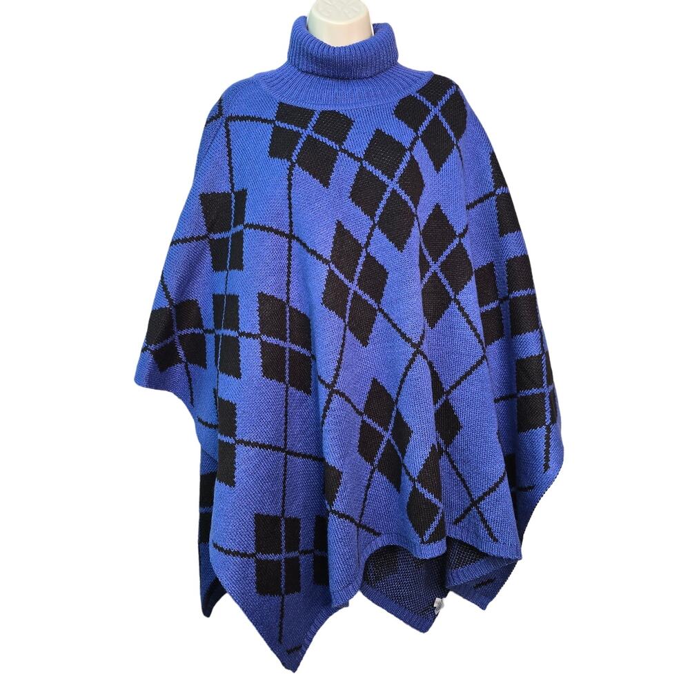 Lane Bryant Poncho‎ Womens Plus Size 22 Blue Black Argyle Diamond Turtleneck NEW